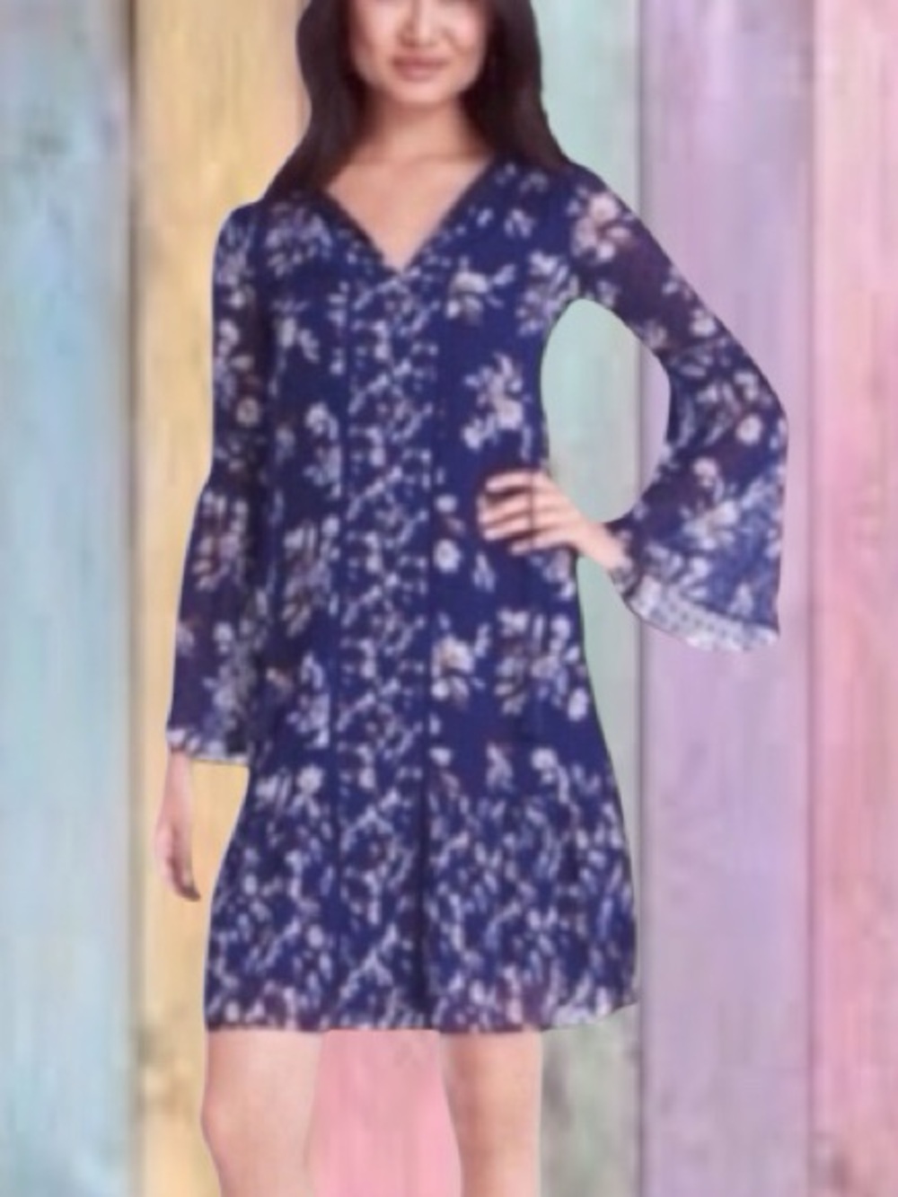 White House Black Market Blue Floral Bell Sleeve Boho Lined Dress NWT